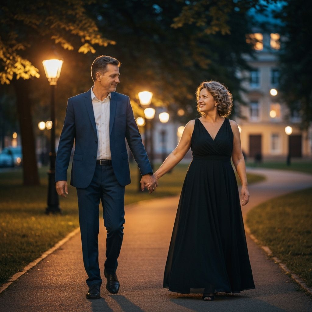 Mature couple walking in city park at night